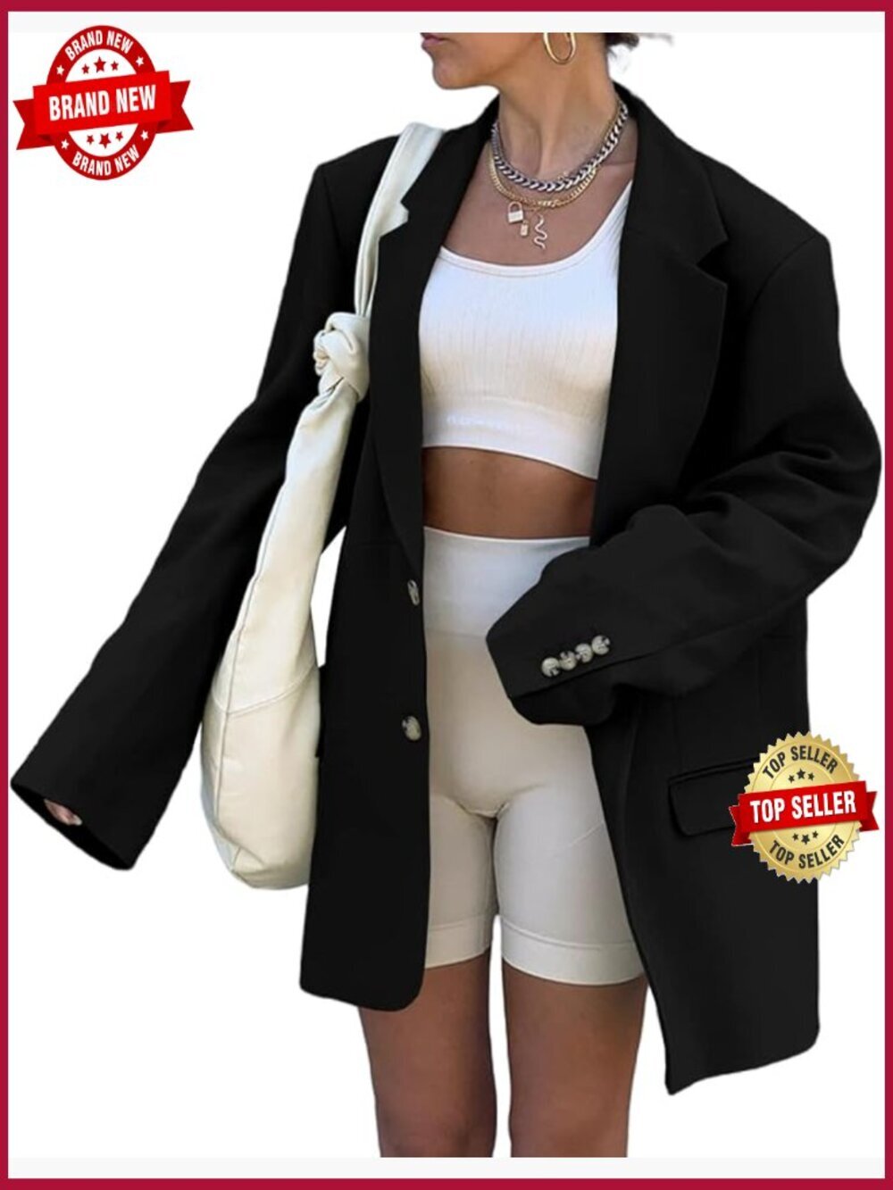 Oversized Long Sleeve Blazer with Lapel Collar and Button Closure